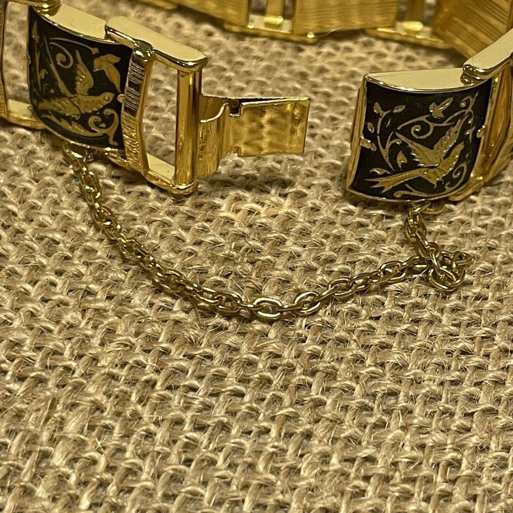 Black & Gold Damascene Enamel Bracelet Flowers Birds 10 Panels Safety Chain GP - Picture 5 of 8